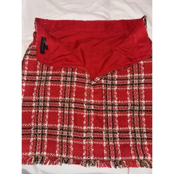 Ann Taylor Plaid Fringe Tweed Skirt Classic Red 578511 Sz 4 Top Of Knee NWOT - Picture 6 of 16